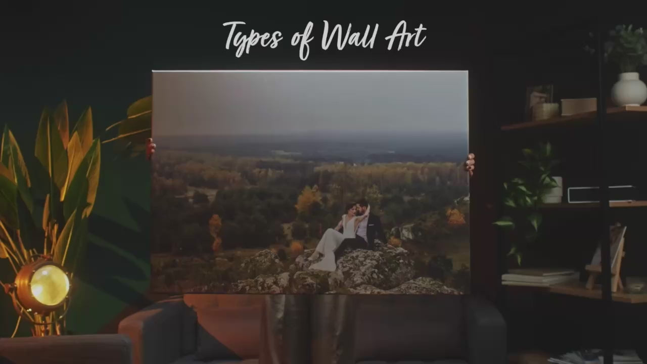 Wall art prints compared: woman holding a canvas print, framed print and acrylic wall print of a wedding photo to show sizes from 60x40cm to 100x70cm